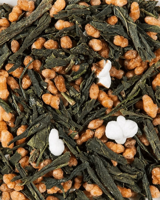 Genmaicha en vrac : feuilles de thé vert Bancha et grains de riz brun grillé