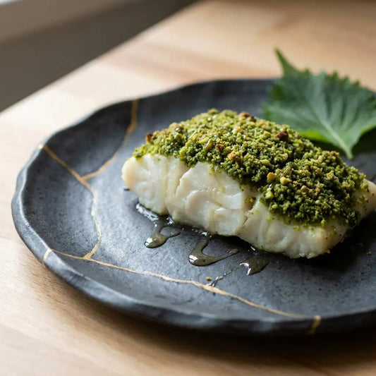 Filet de cabillaud en croûte de Matcha Midori™ et pistaches