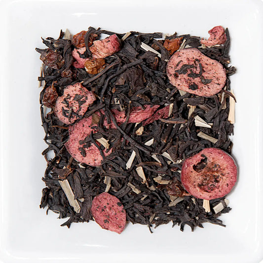 Argousier Canneberge Thé noir vrac mélange feuilles noires baies argousier orange tranches canneberge rouge citronnelle
