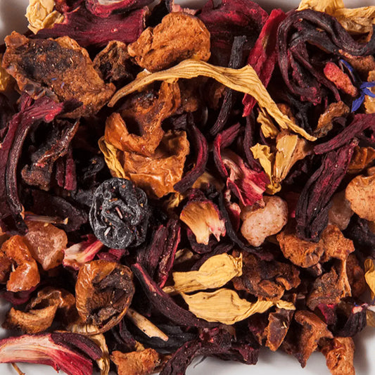 Ingrédients infusion Barbade : hibiscus, pomme, papaye, groseilles, sureau, cassis, framboise, fraise, tournesol, bleuet

