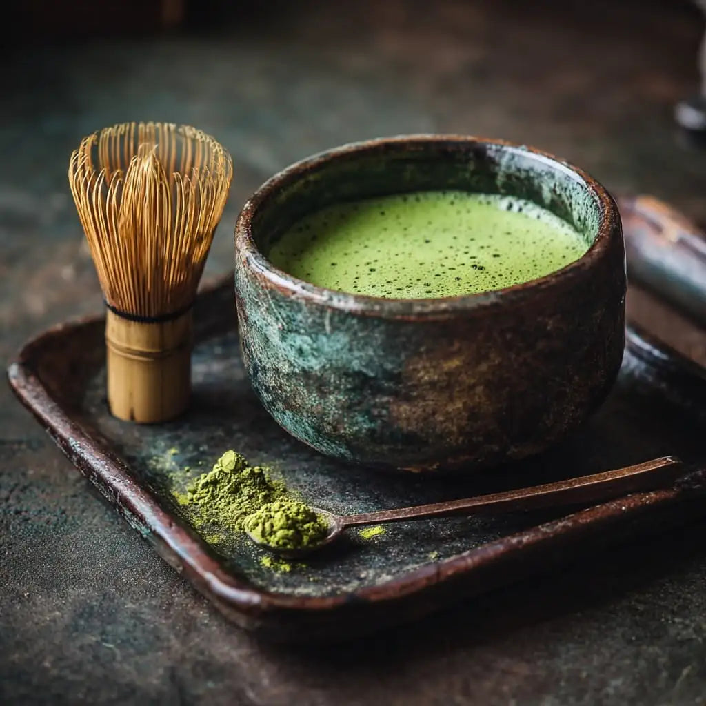 Bol de matcha cérémoniel mousseux, poudre verte intense et chasen en bambou