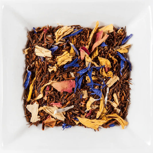 Danse des Fleurs Rooibos vrac mélange arc-en-ciel rooibos red marron pétales tournesol jaune rose rouge bleuet bleu