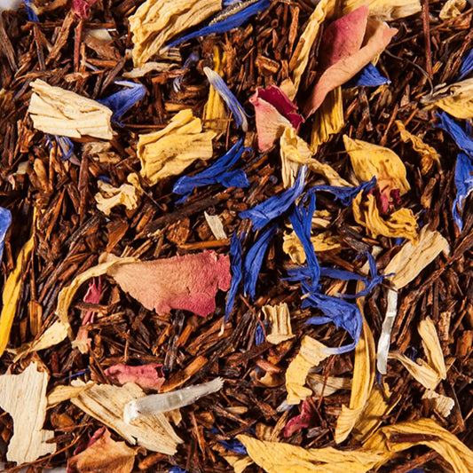 Ingrédients Danse des Fleurs Rooibos : rooibos 100%, arômes floraux naturels, pétales tournesol rose bleuet