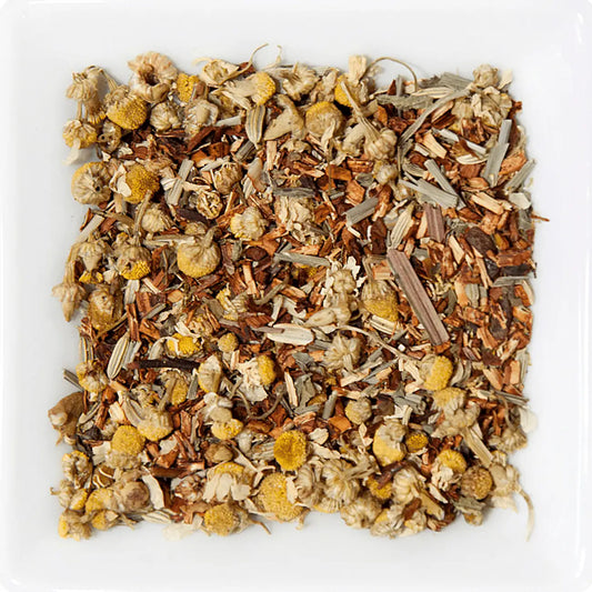 Juicea Équilibré vrac mélange rooibos rouge marron camomille blanche honeybush doré granules vanille beiges premium