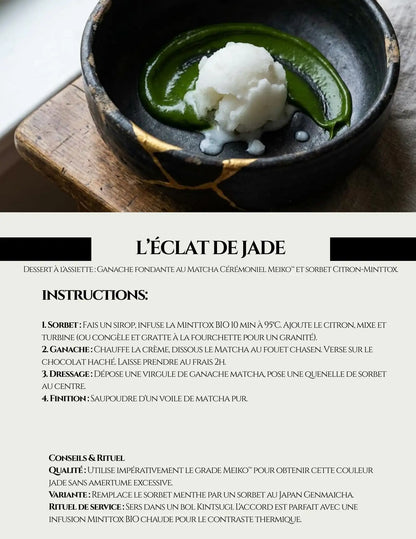 DESSERT À L'ASSIETTE: GANACHE FONDANTE AU MATCHA CÉRÉMONIEL MEIKO™ ET SORBET CITRON-MINTTOX.