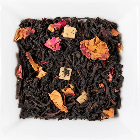 Praline à la Truffe Thé noir vrac mélange feuilles noires pépites chocolat blanc crèmes pétales rose rouge brillants