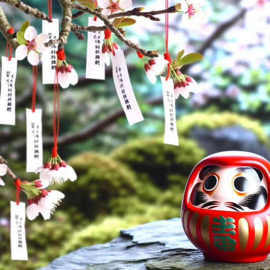 Omikuji japonais authentique accroché à branche de cerisier avec daruma rouge - Bâton de fortune traditionnel
