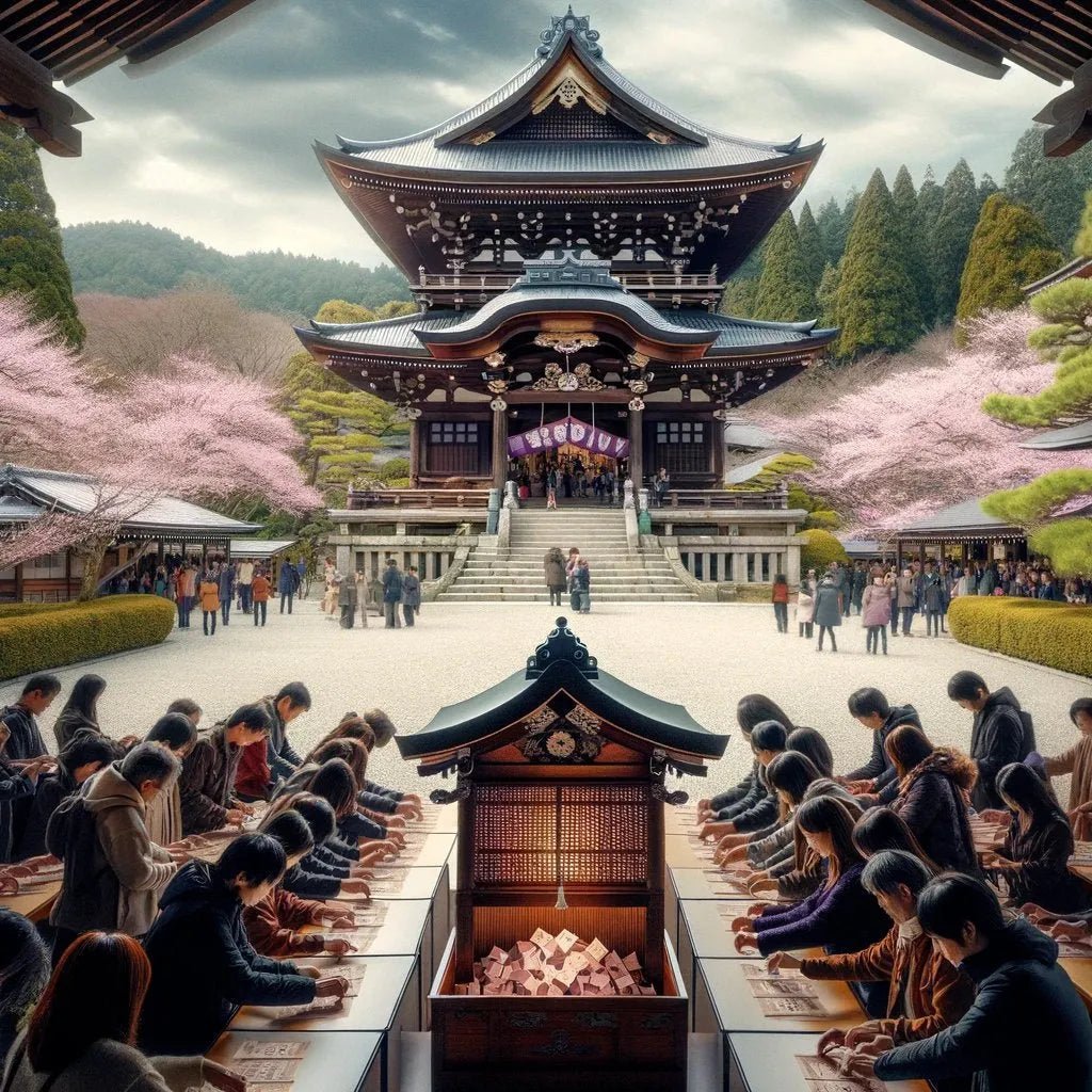 Sanctuaire shinto japonais avec visiteurs tirant des omikujis - Temple traditionnel entouré de cerisiers en fleurs