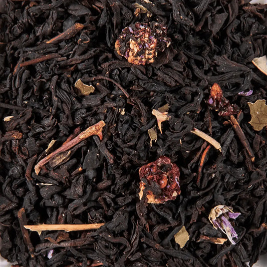 Ingrédients thé Mûre : thé noir, mûres séchées, feuilles de mûrier, mauve